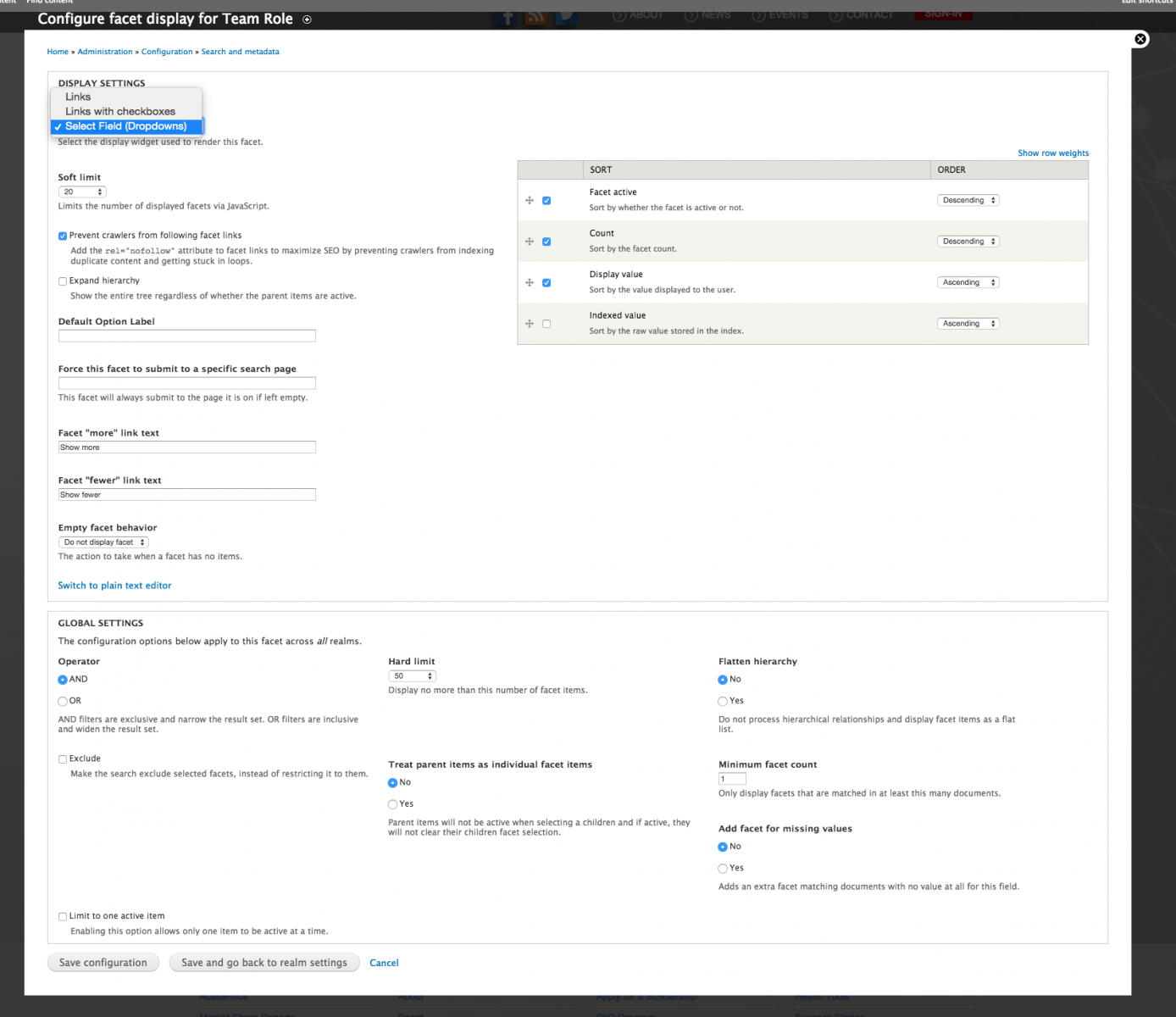 Set the facet display type to select field.